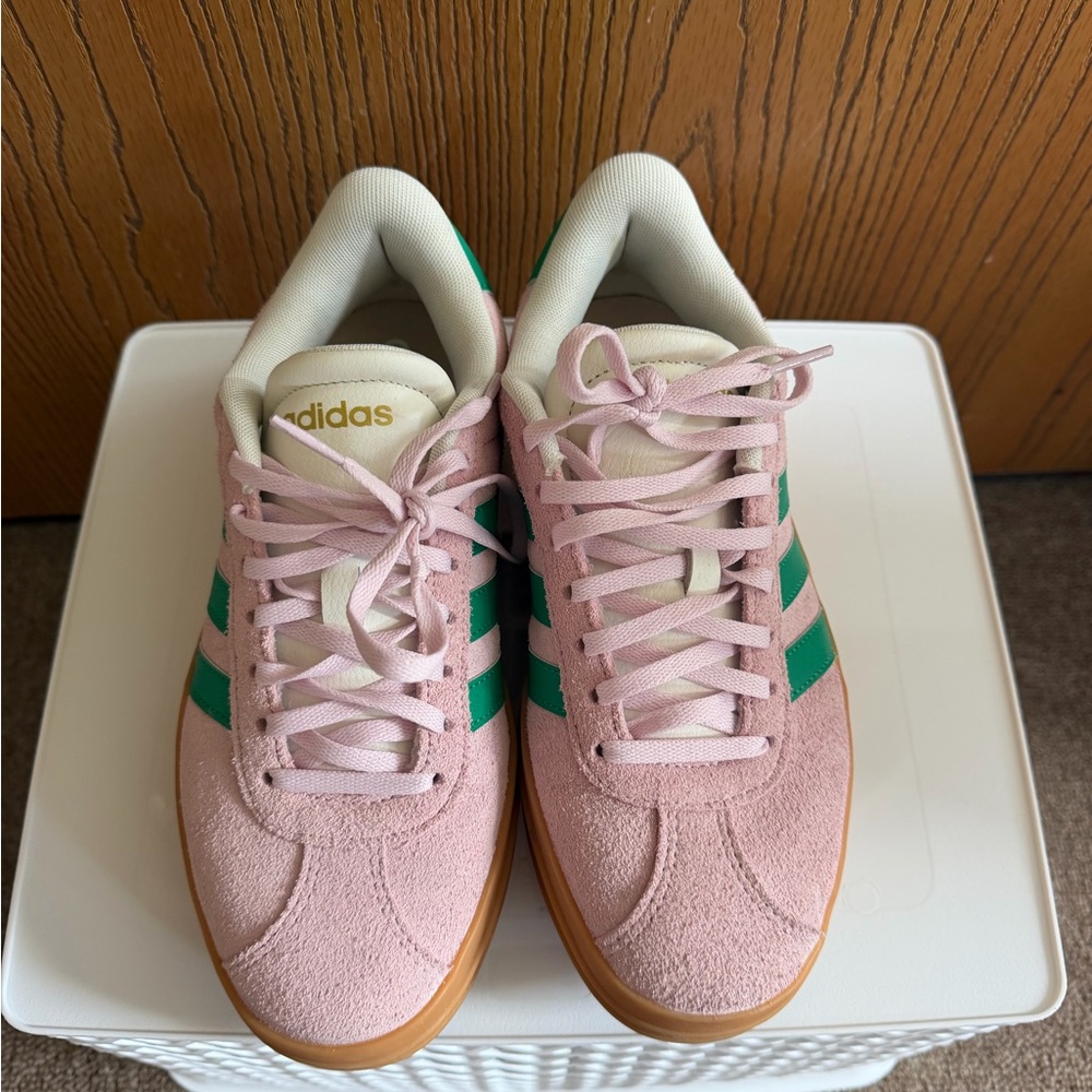 adidas Pink Suede Platform Sneakers with Green Stripes and Gum Sole - Picture 9 of 9